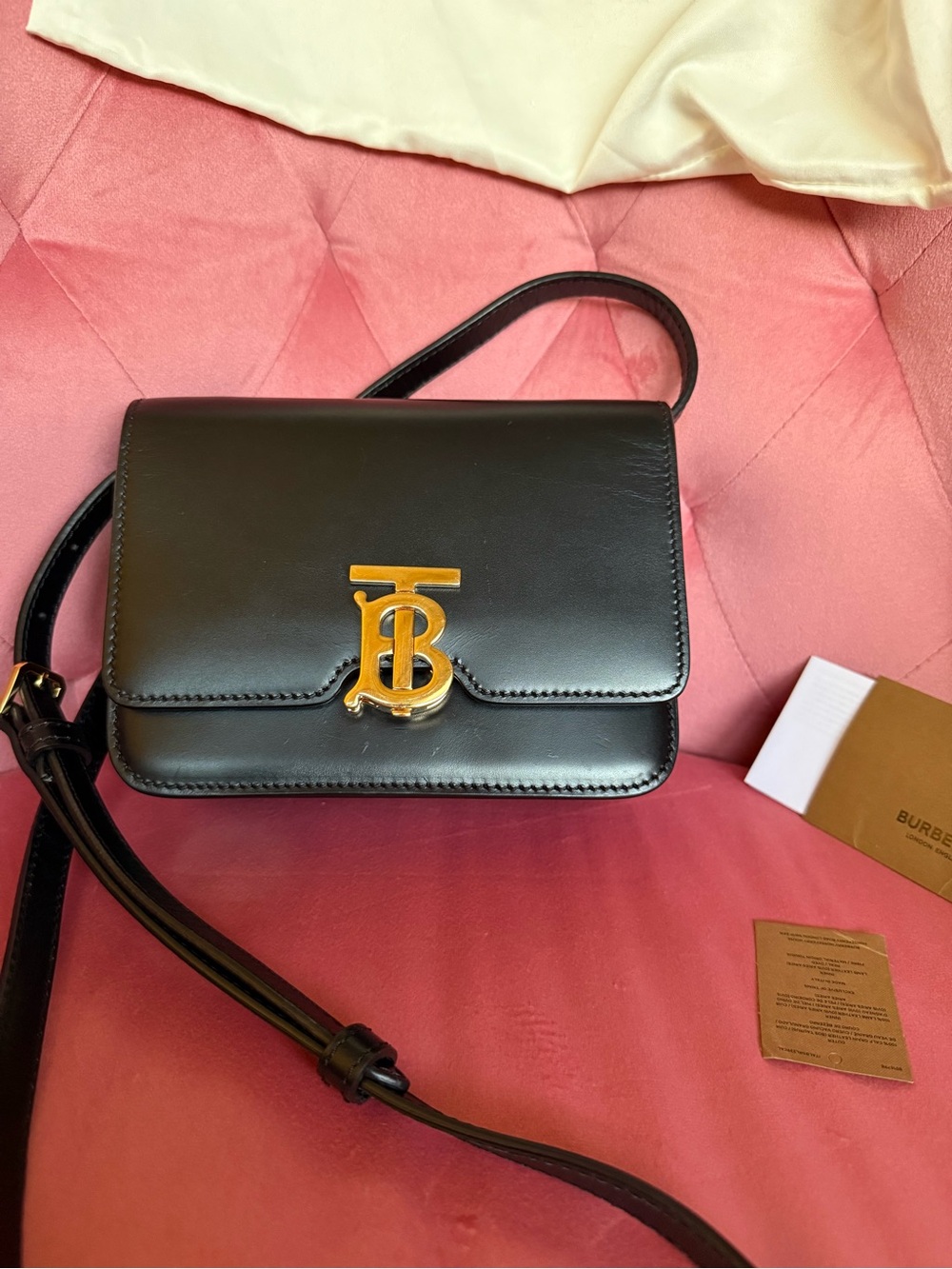 Burberry Black Leather Crossbody with Gold TB Monogram